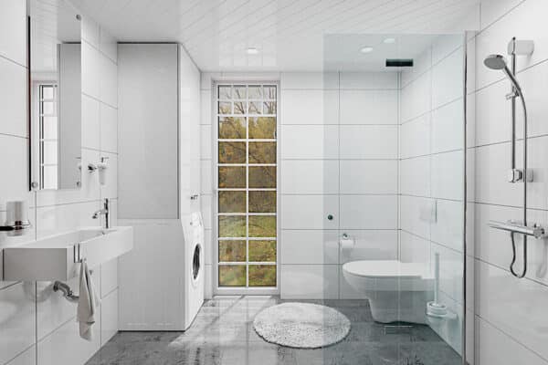 Ett badrum med grått golv