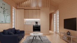 Träfärgat vardagsrum med grå matta och blå soffa