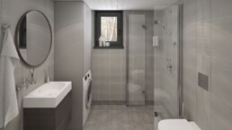 Ett ljusgrått badrum o modern stil