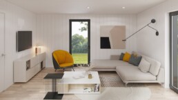 Ett vardagsrum med stor soffa och tv