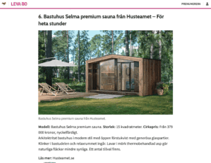 utdrag ur Expressens Leva & Bo magasin med bild på Husteamets bastuhus Selma och text om huset från en topplista