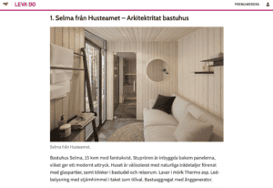 utdrag ur Expressens Leva & Bo magasin med bild på interiör från Husteamets bastuhus Selma och text om huset från en topplista